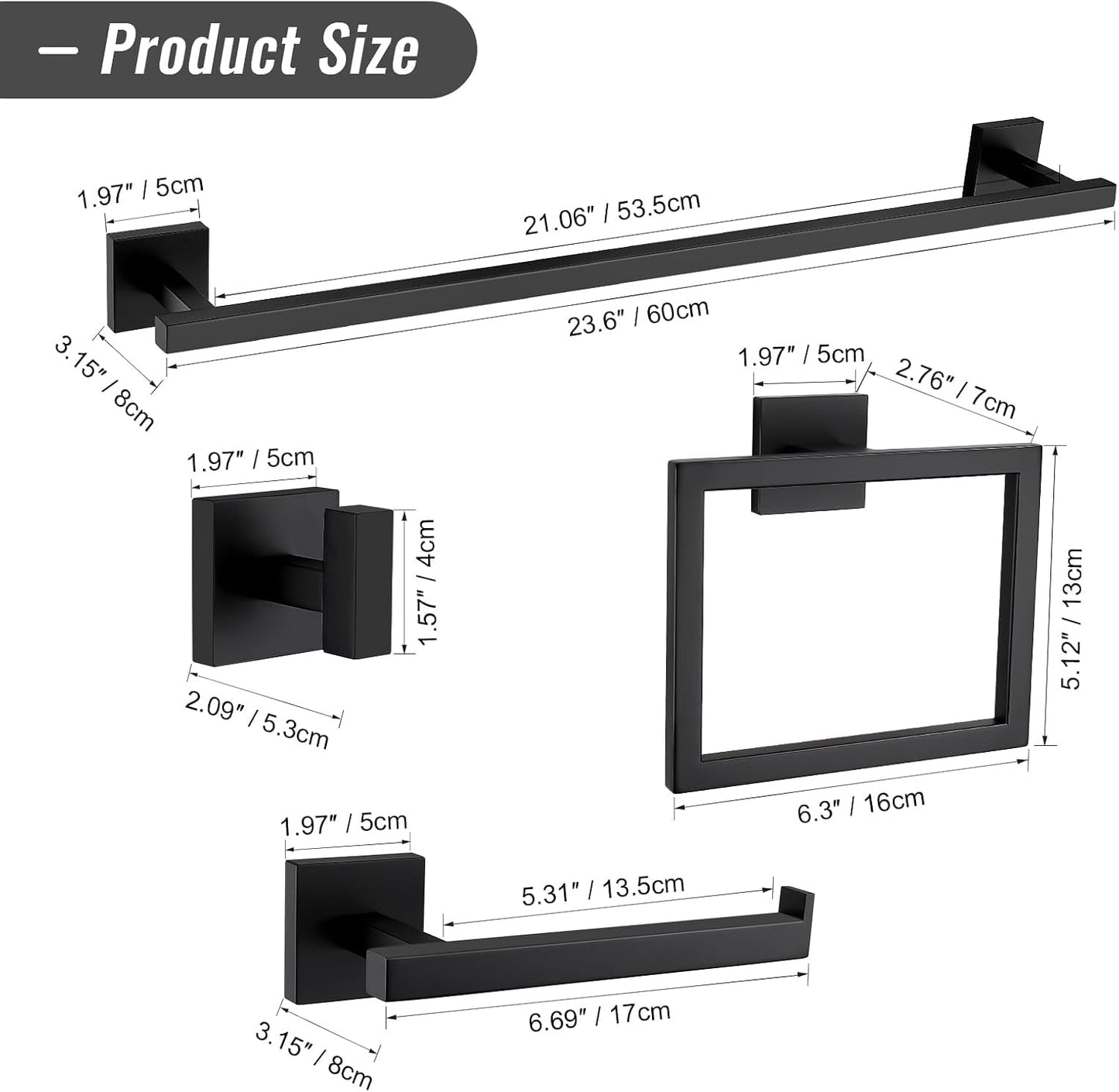 YACVCL Black Towel Bar Set 5-Piece Bathroom Hardware Accessories Set,SUS304 Stainless Steel Towel Rack Set,23.6 Inch