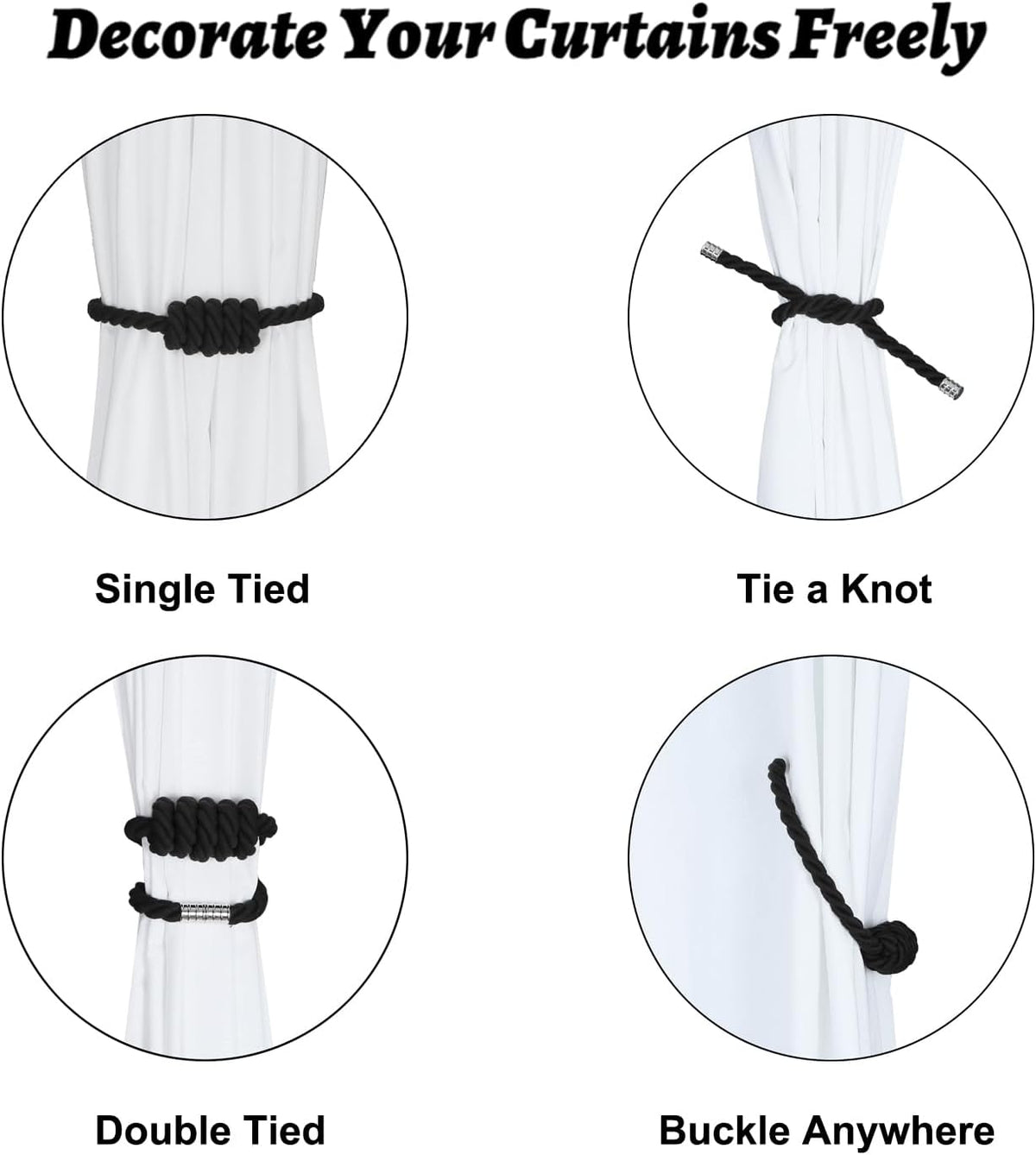BEL AVENIR Magnetic Cotton Curtain Tiebacks 6 Pack Hand-Woven Curtain Ties | Black Cotton Decorative Curtain Holdbacks
