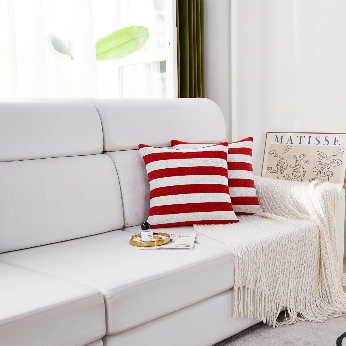 Soft Chenille Decorative Patriotic Throw Pillow Covers July / Red White Stripe / 18 x 18 / Set of 2