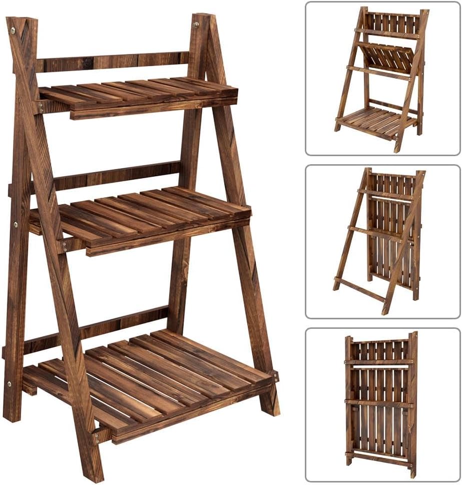 Yaheetech Wooden Plant Stand, 3-Tier Foldable Ladder Shelf, Indoor Outdoor | 23.6 x 15 x 36.6 in Plant Ladder for Pots