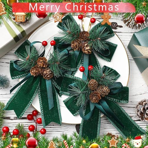 Syhood 6 Pcs Christmas Bows Xmas Velvet Bows Tree Decor, Dark Green