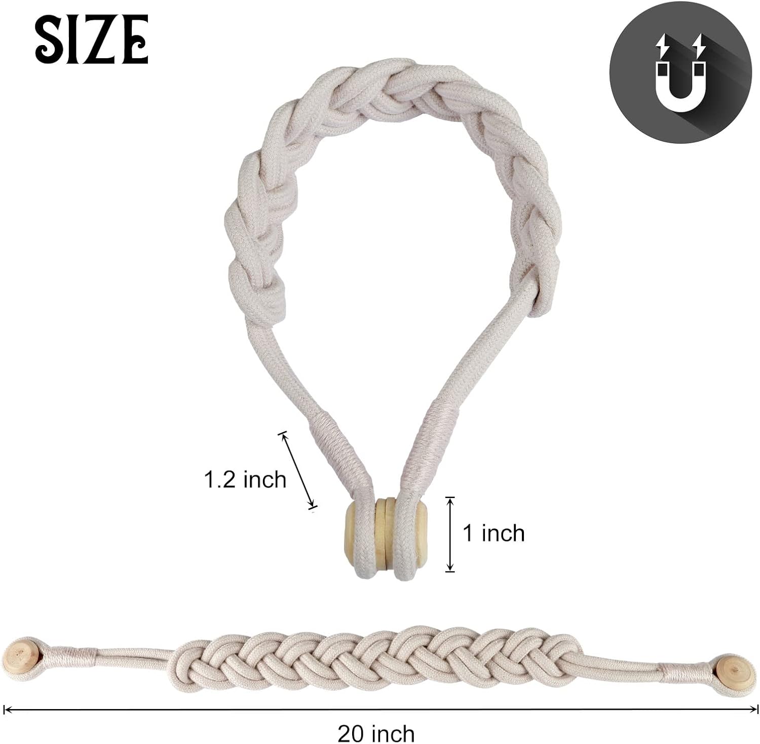 BEL AVENIR Curtain Tiebacks Magnetic 4 Pack Woven Drapery Holdback | Handmade Curtain Ties, No Drill, for Outdoor
