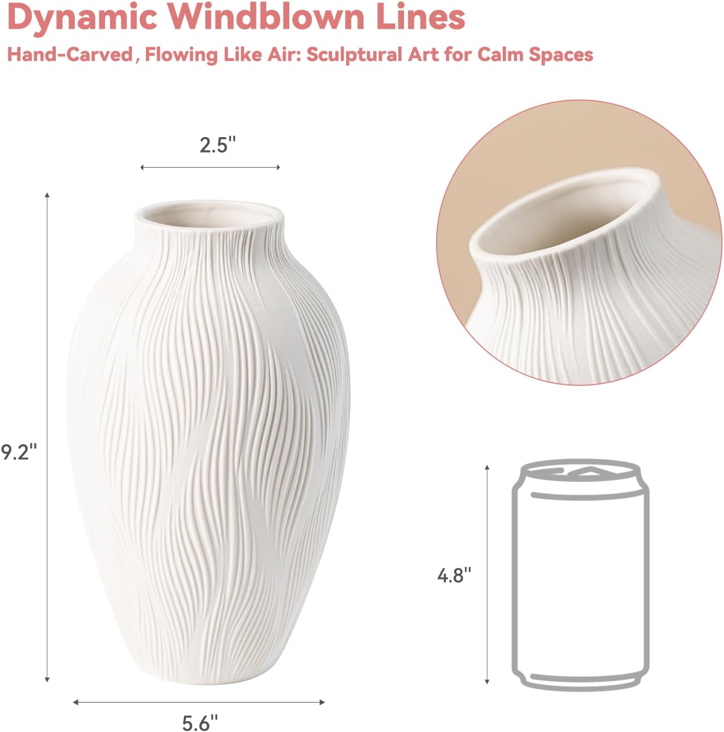 9.2" Unique Flower Vase for Pampas Grass/Centerpieces / Windblown Texture Vase / White