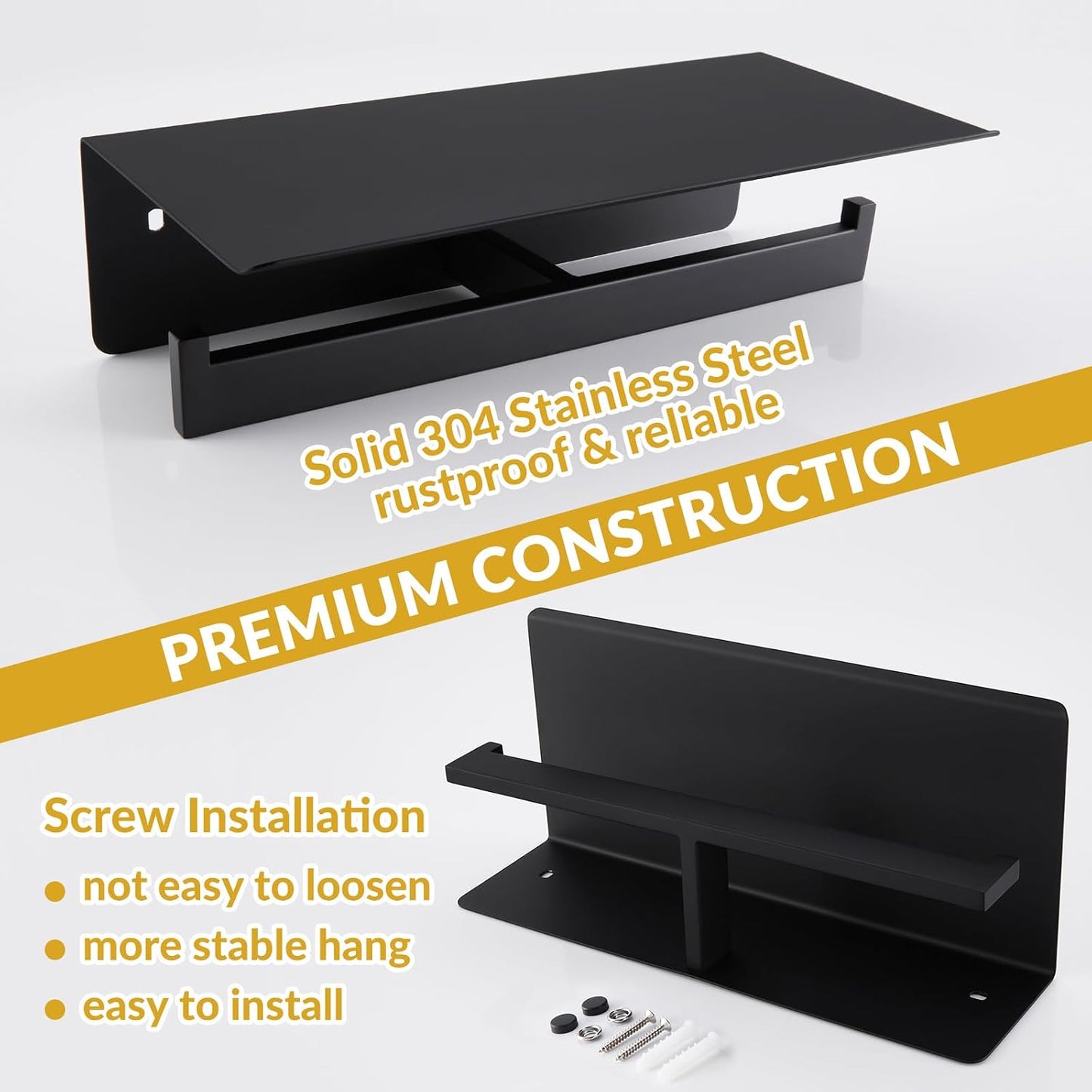 APLusee Matte Black Double Toilet Paper Holder with Shelf, Wall Mounted | 304 Stainless Steel, Rustproof for Bathroom
