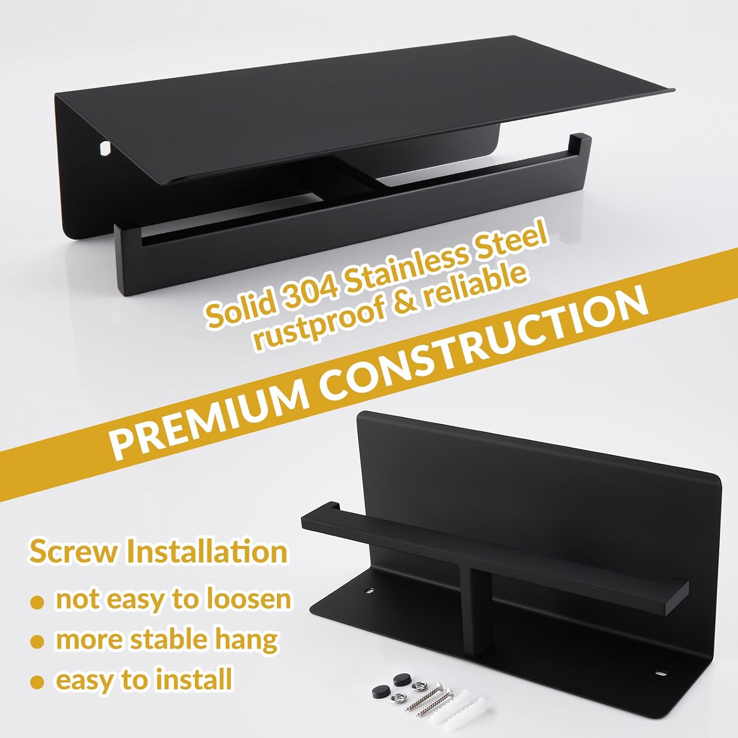 APLusee Matte Black Double Toilet Paper Holder with Shelf, Wall Mounted | 304 Stainless Steel, Rustproof for Bathroom