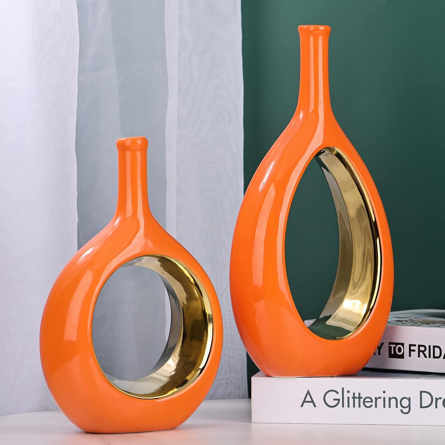 Vase Ceramic Orange Vases Home Decor / Orange and Gold