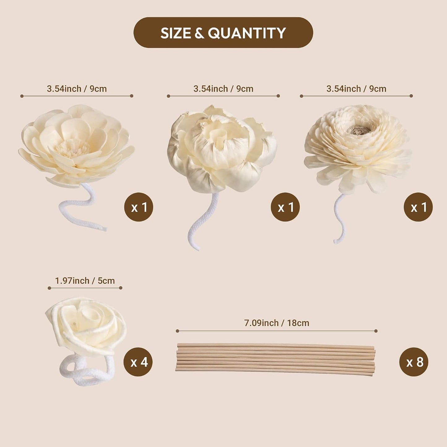 Assorted Handmade Sola Wood Flowers / White / Set of 7