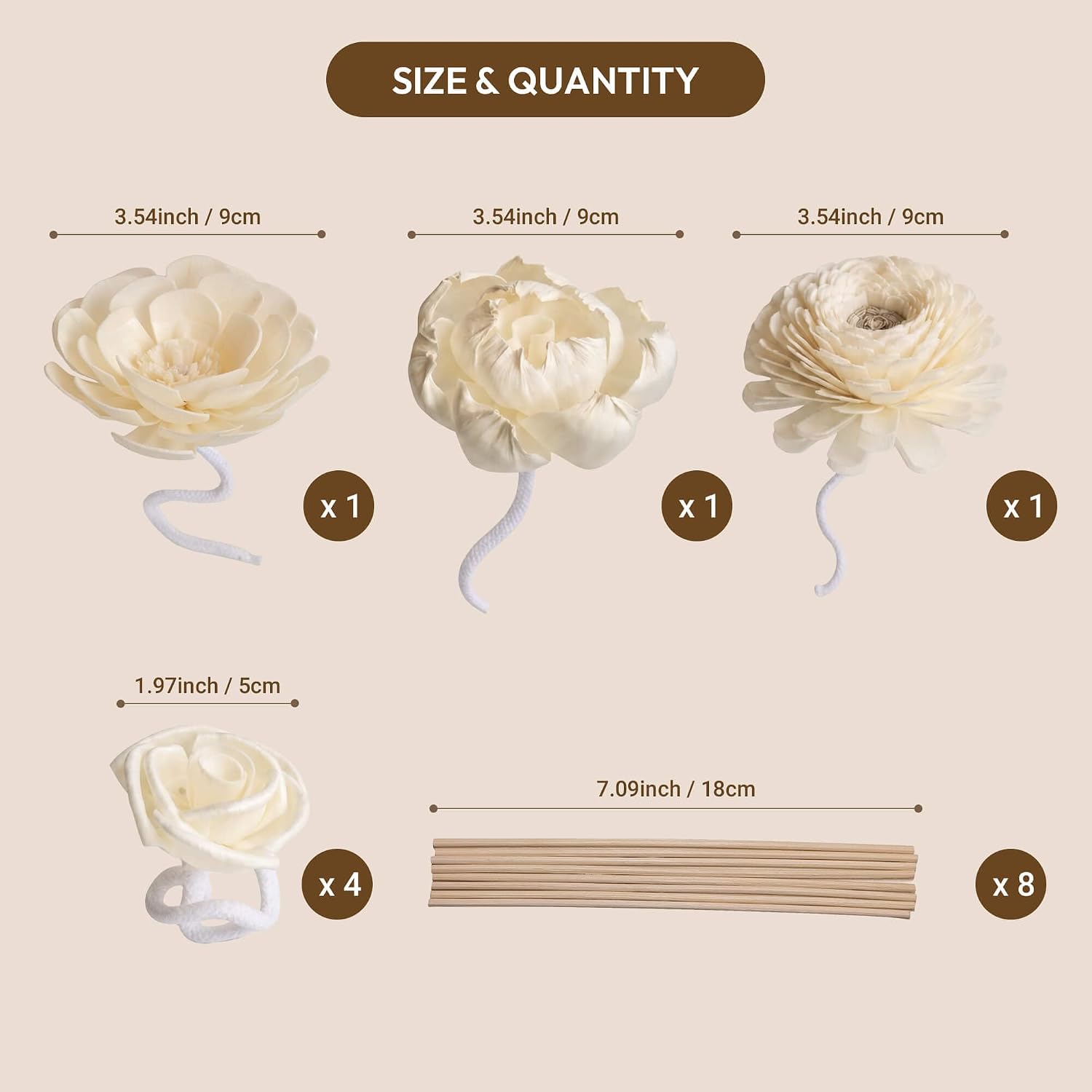 Assorted Handmade Sola Wood Flowers / White / Set of 7