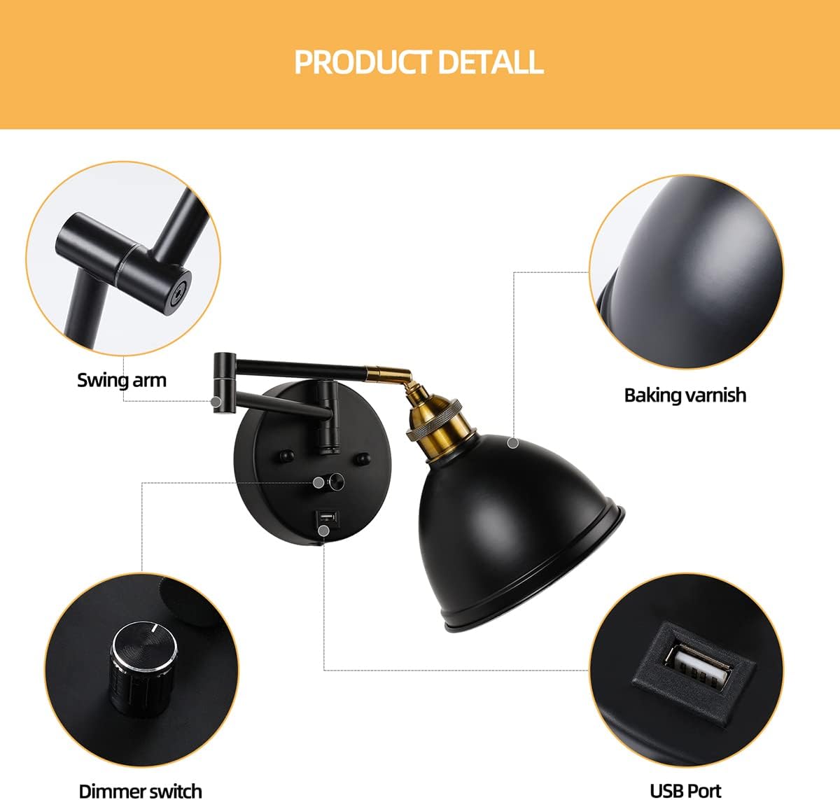 Swing Arm Wall Sconces, Plug-in Wall lamp,Bedroom Wall lamp ， White Fabric Shade，，with dimmable Switch and USB Charging