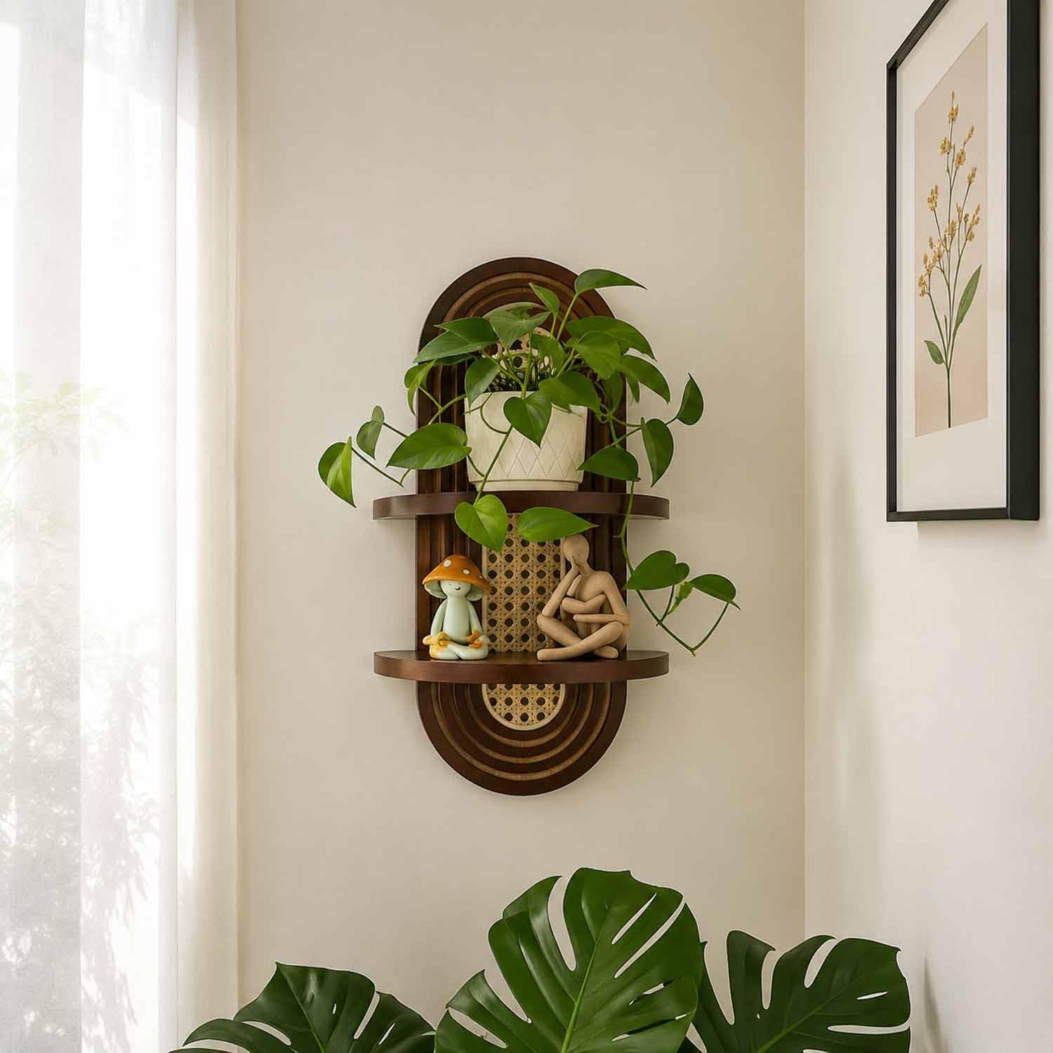2-Tier Woven Rattan Floating Shelves / Walnut