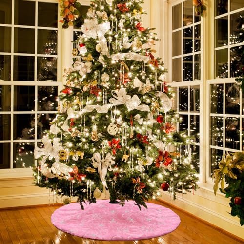Christmas Tree Skirt Pink 30 inch Silver Christmas Tree Skirt Snowflakes Faux Fur for Xmas Holiday Home Party Decorations