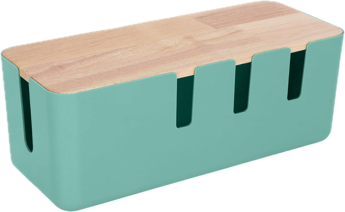 Relaxdays Cable Box for 2-Outlet Strips with Wooden Lid, Plastic, Cable Management, Organizer, 11.5 x 30.5 x 12.5 cm