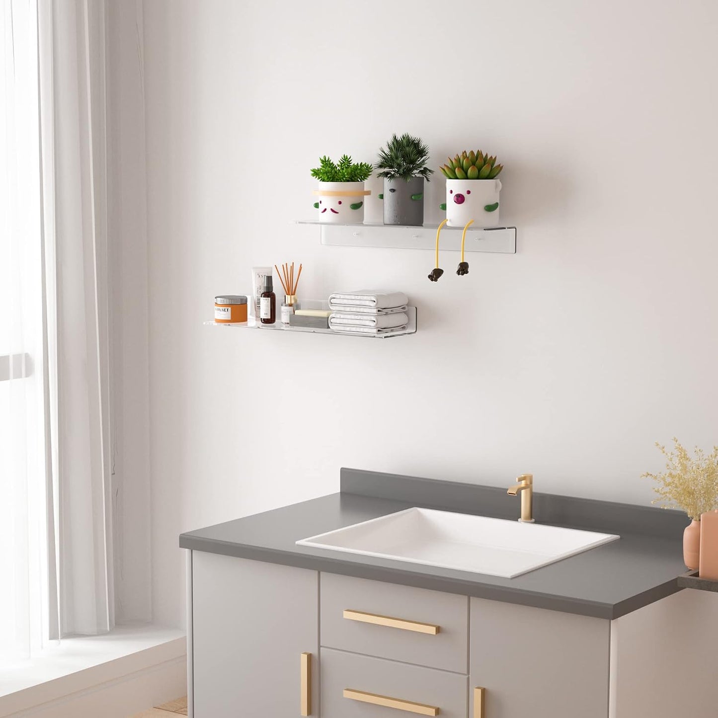 Sezanrpt 24 Inches Clear Floating Shelves for Wall, Acrylic Long Wall Shelf, Wall Mounted Shelves for Plants, Speaker
