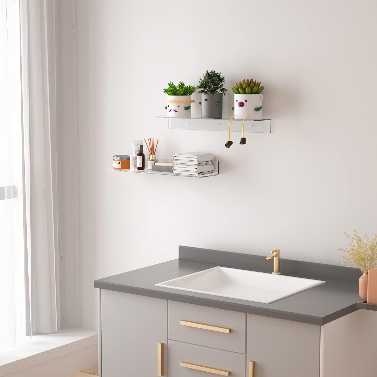 Sezanrpt 24 Inches Clear Floating Shelves for Wall, Acrylic Long Wall Shelf, Wall Mounted Shelves for Plants, Speaker