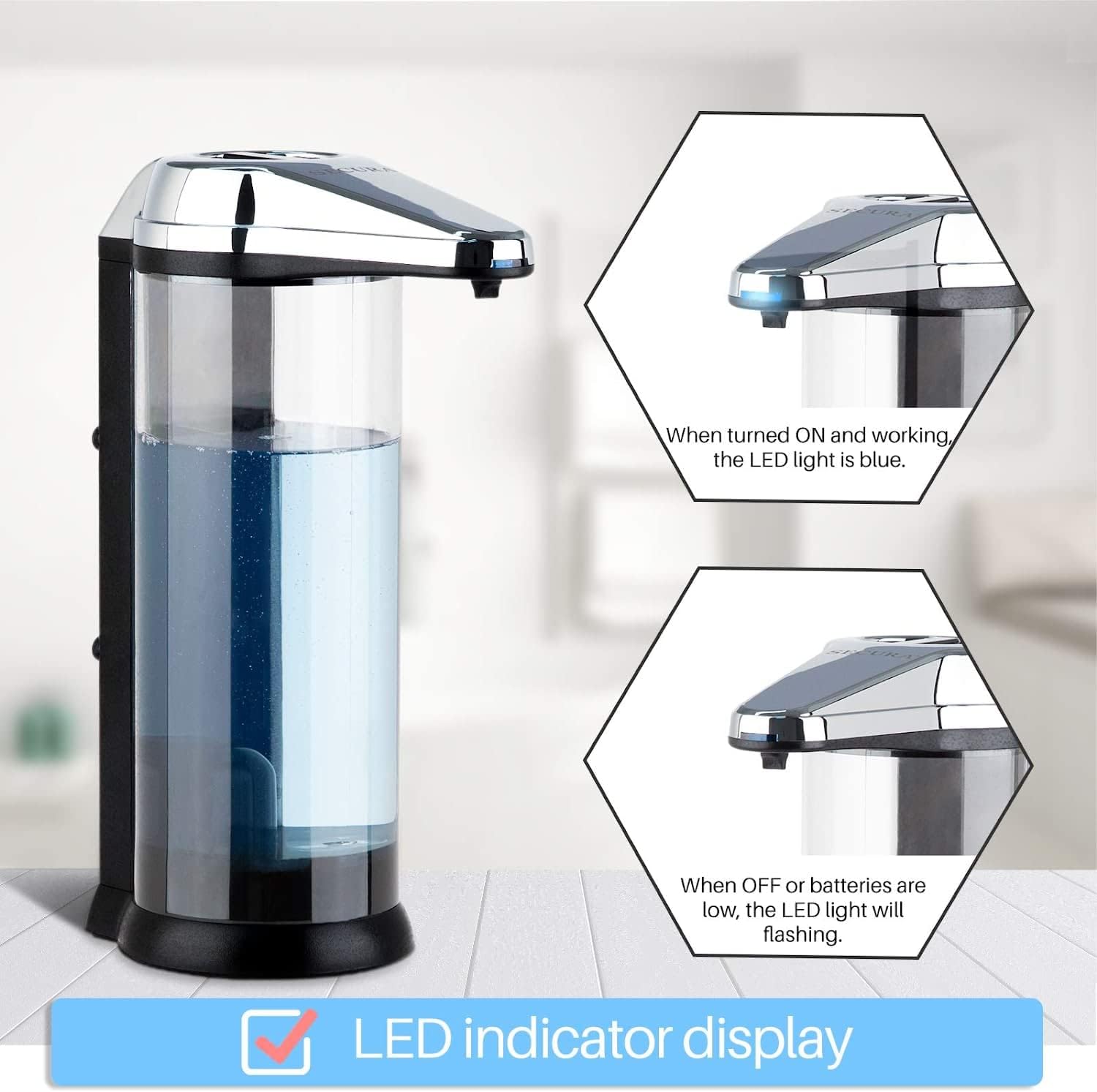 Secura 17oz Automatic Liquid Soap Dispenser, Touchless Battery Operated Hand Soap Dispenser with Adjustable Soap