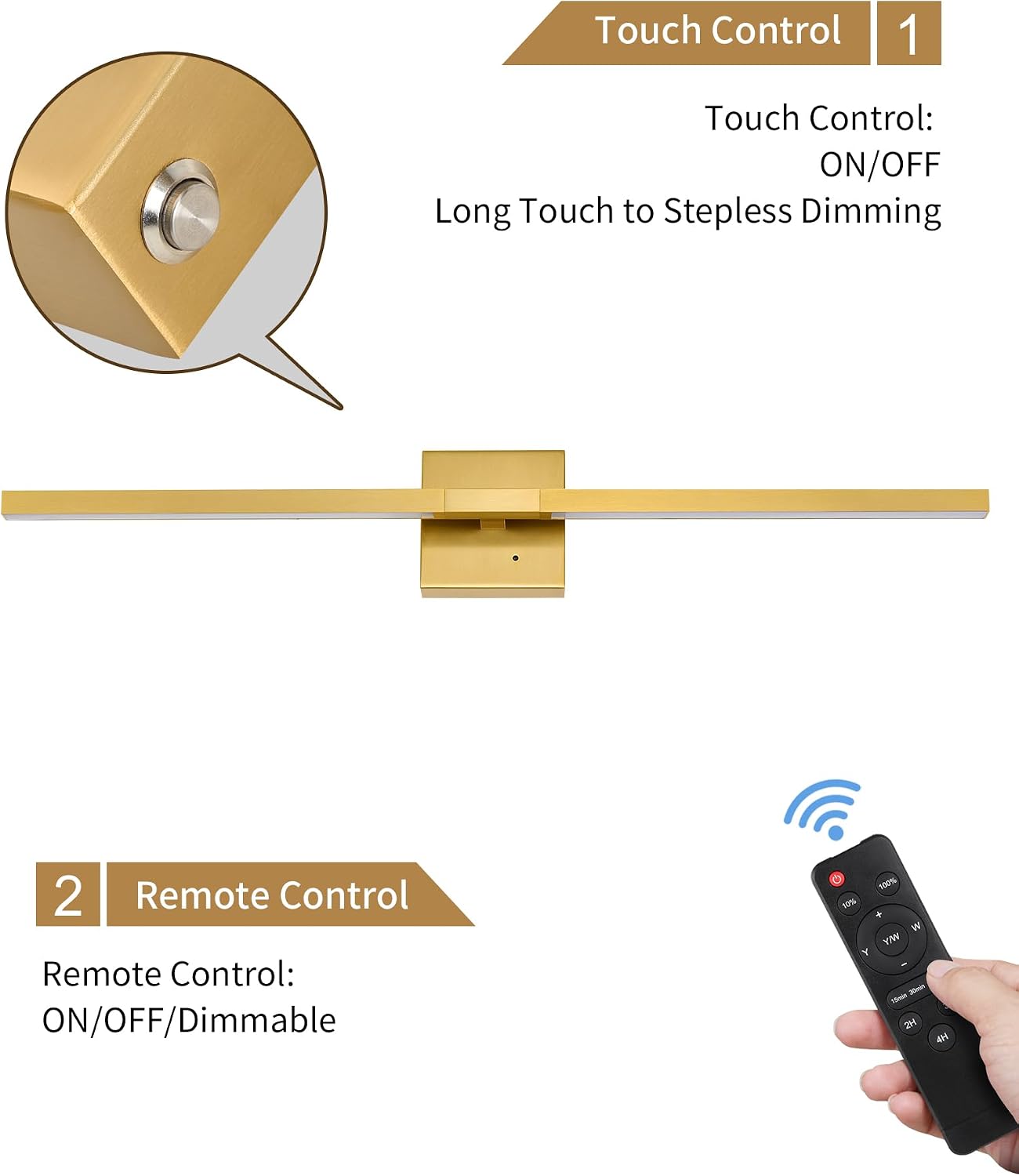 Rayogale Gold Battery Operated Wall Sconces with Remote Control, 32 Inch | 3000/4500/6000K Dimmable 8000mAh