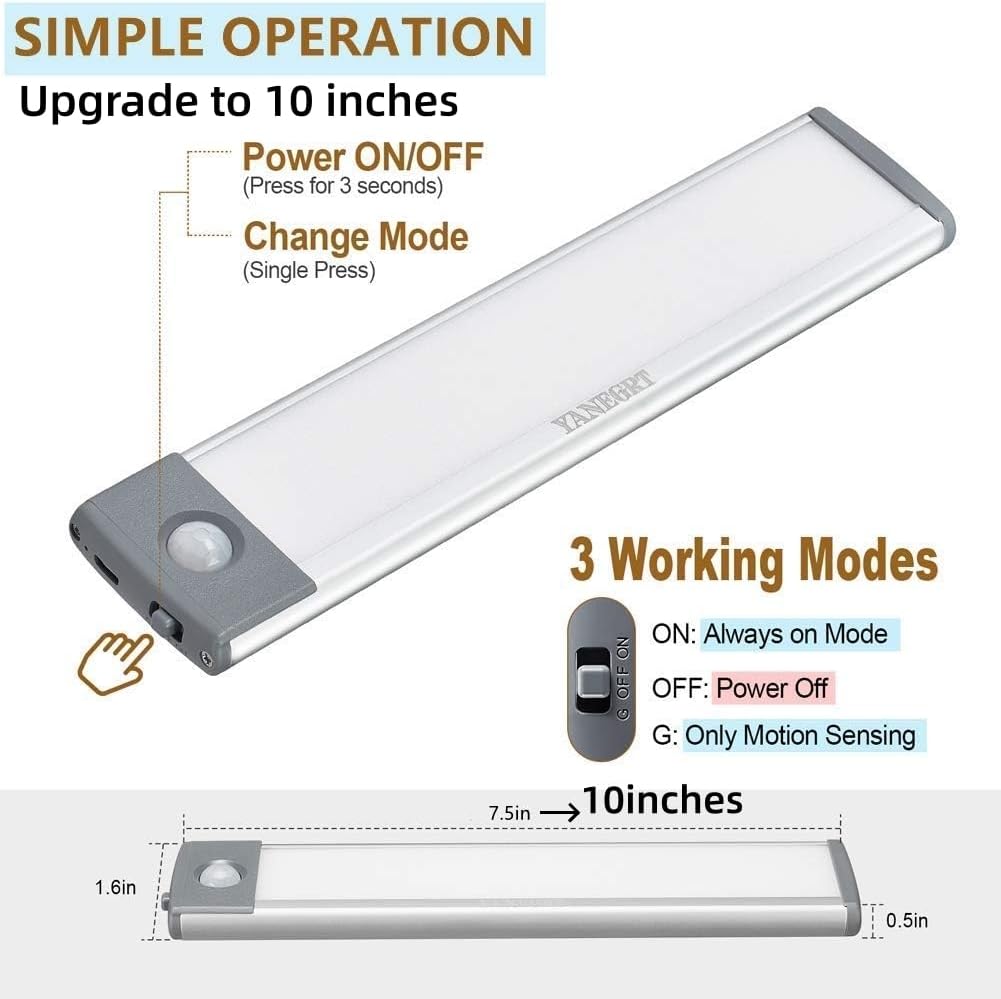 2 Pack Under Cabinet Lighting with Motion Sensor - 30 LED 10 Inch, Wireless USB-C Rechargeable Magnetic for Kitchen