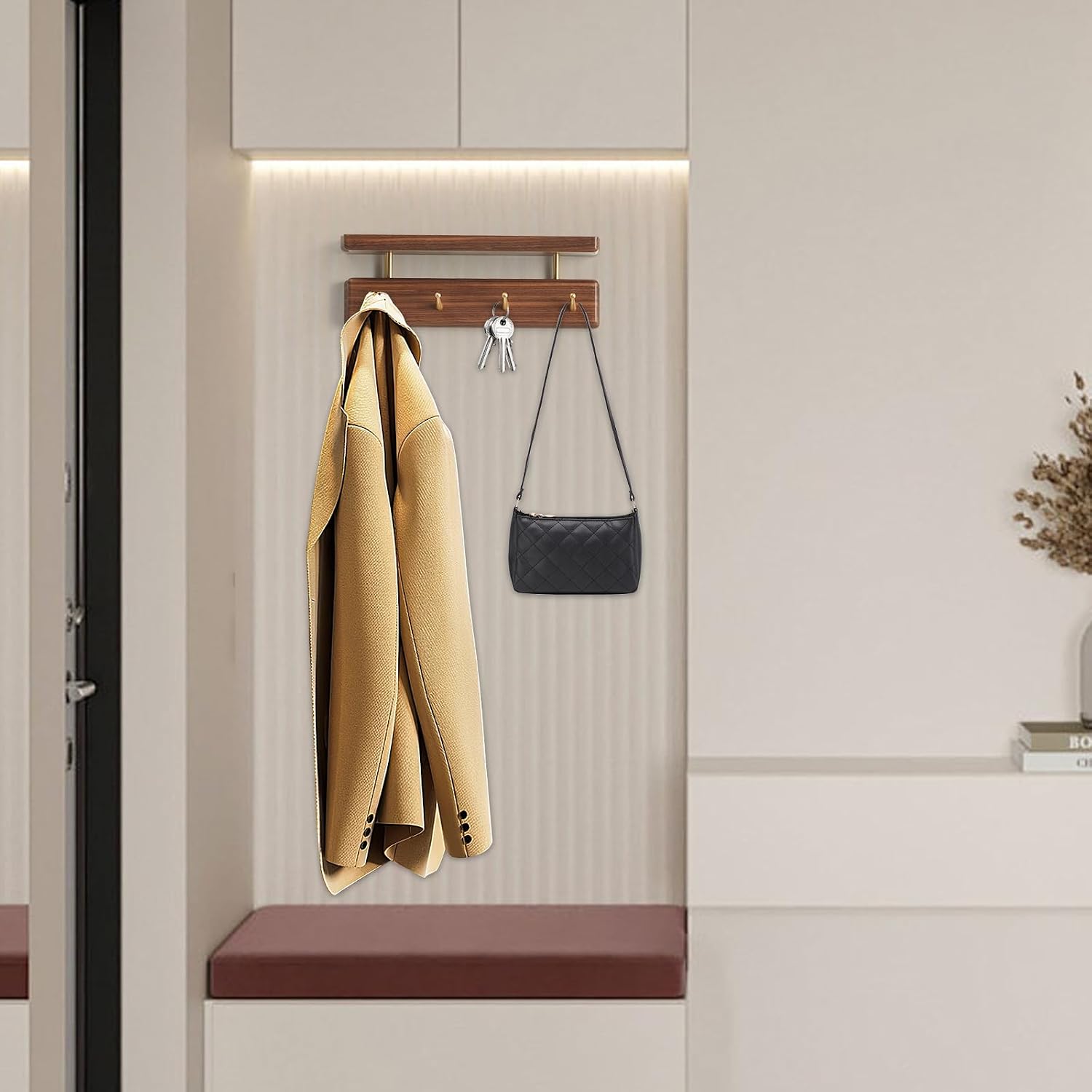 Solid Wood Shelf with Hooks, 12 inch Coat Rack Wall Mount, Shelves with 4 Brass Hooks for Hanging in Entryway, Living