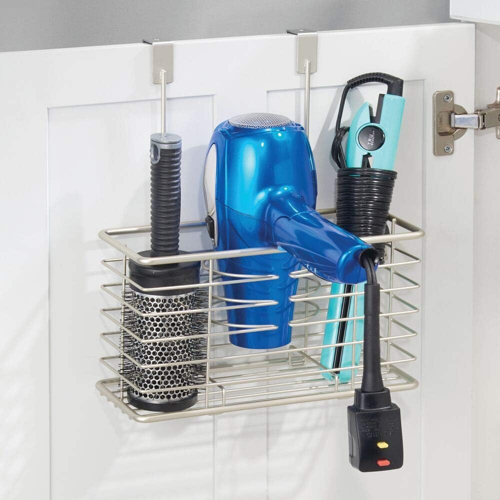mDesign Steel Over Cabinet/Door Hair Dryer Holder Storage, Hair Styling Tool Organizer Basket for Bathroom - Blow