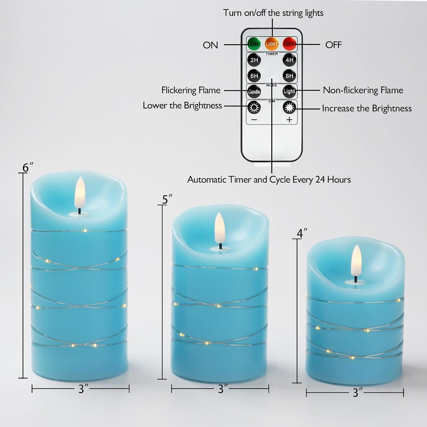 Homemory Flameless Candles with String Lights, 3 Pack Embedded Fairy String Lights LED Candles, Electric Flickering