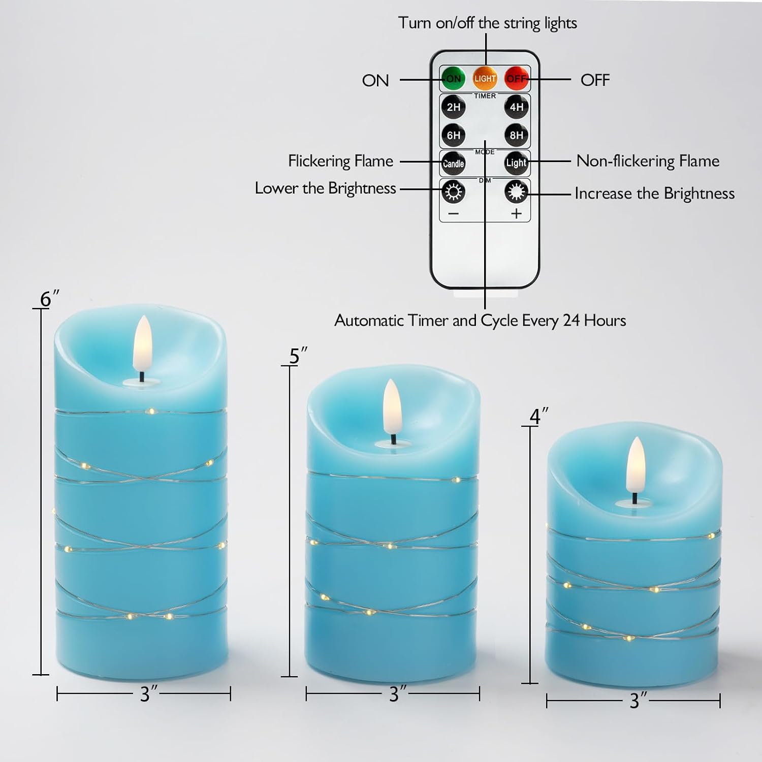 Homemory Flameless Candles with String Lights, 3 Pack Embedded Fairy String Lights LED Candles, Electric Flickering
