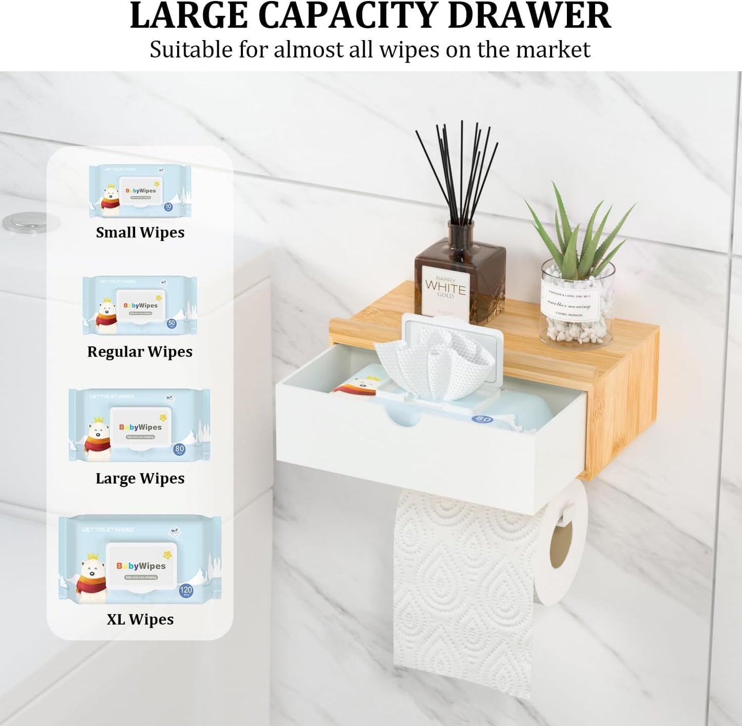 Domax Toilet Paper Holder with Shelf,Wall Mount/Adhesive Bathroom Toilet Paper Holder,Bamboo Wood Tissue Toilet Roll