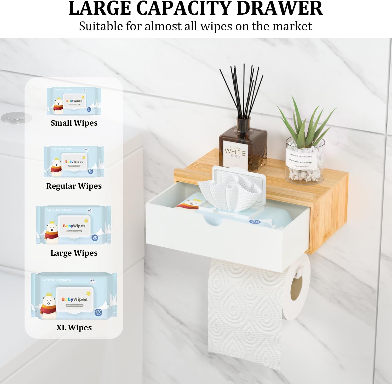 Domax Toilet Paper Holder with Shelf,Wall Mount/Adhesive Bathroom Toilet Paper Holder,Bamboo Wood Tissue Toilet Roll