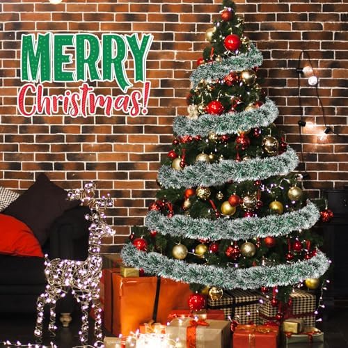 Shappy 90 ft 6 Rolls Christmas Tinsel Garland for Tree,White Tip Green