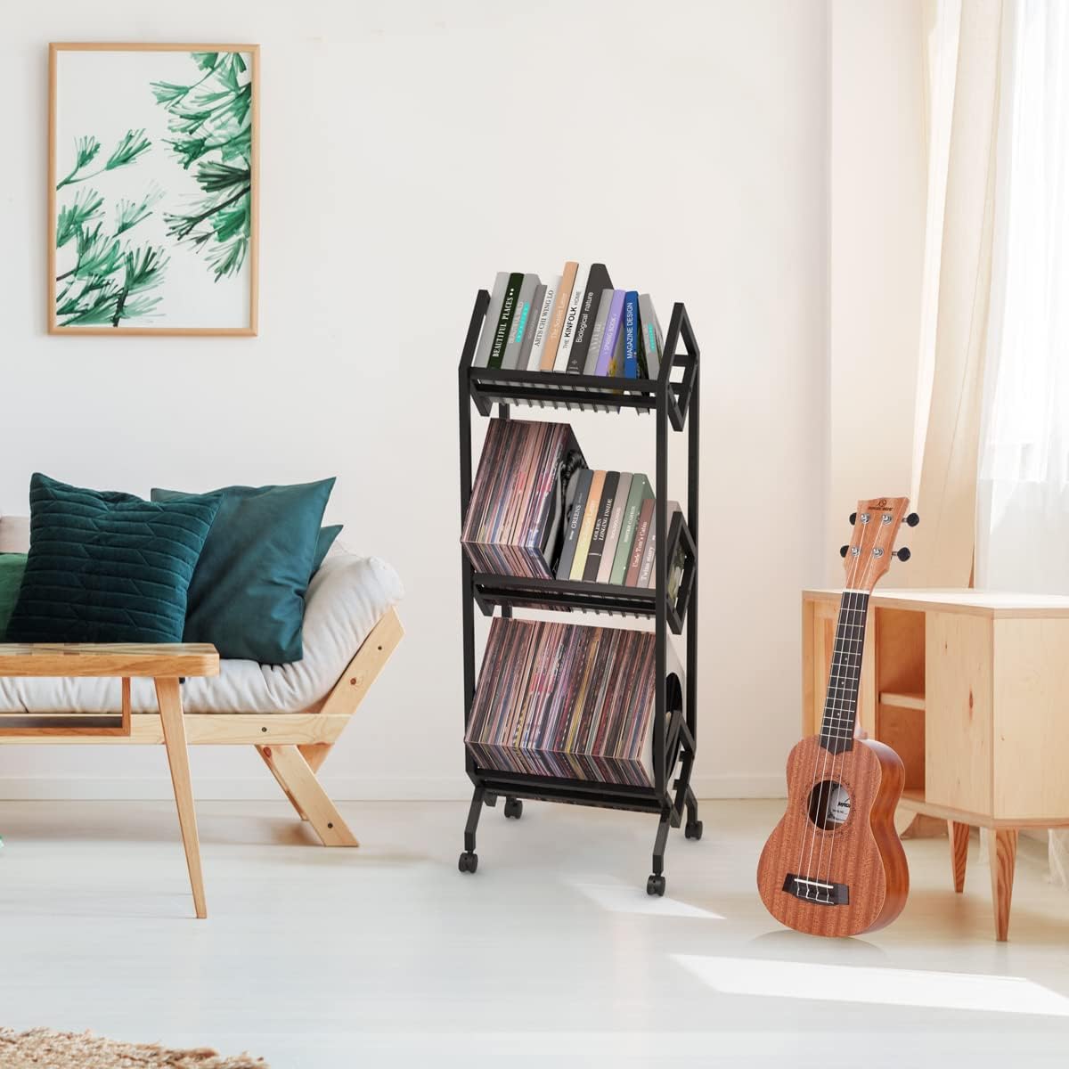 Mobile Vinyl Record Storage Rack, LP Storage Shelf, Record Holder for Albums, Magazine Display, Book and Files