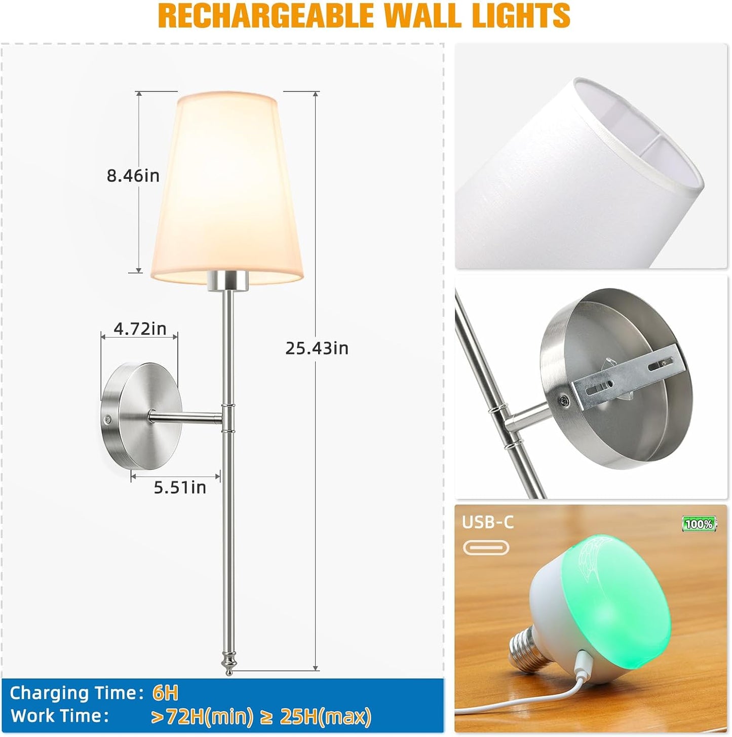 25.4 inch Brushed Nickel Battery Operated Wall Sconce Set of 2,Rechargeable Wall Lights with Dimmable Detachable Bulbs