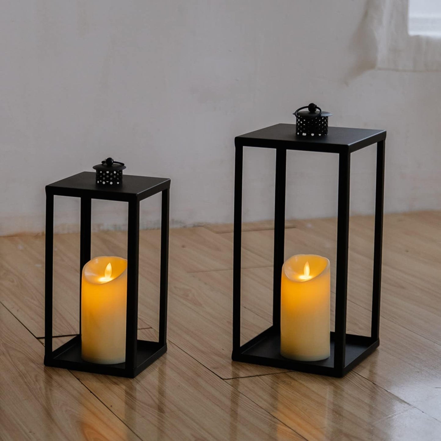 HPC Decor Black Metal Candle Lanterns Set of 2- Lanterns Decorative with Flickering Timer Candles- 16.5'' & 13'' Chunky