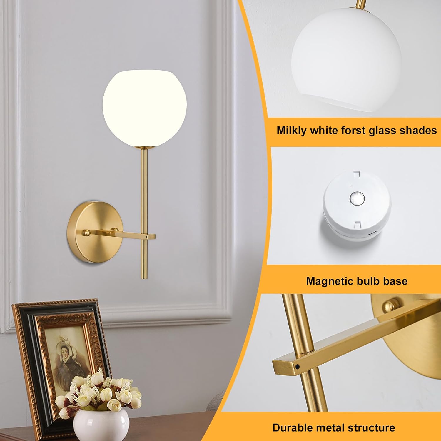 Gold Battery Operated Wall Sconces Set of 2, Rechargeable Wireless Wall Lights with Milky White Frosted Glass Shade, 12