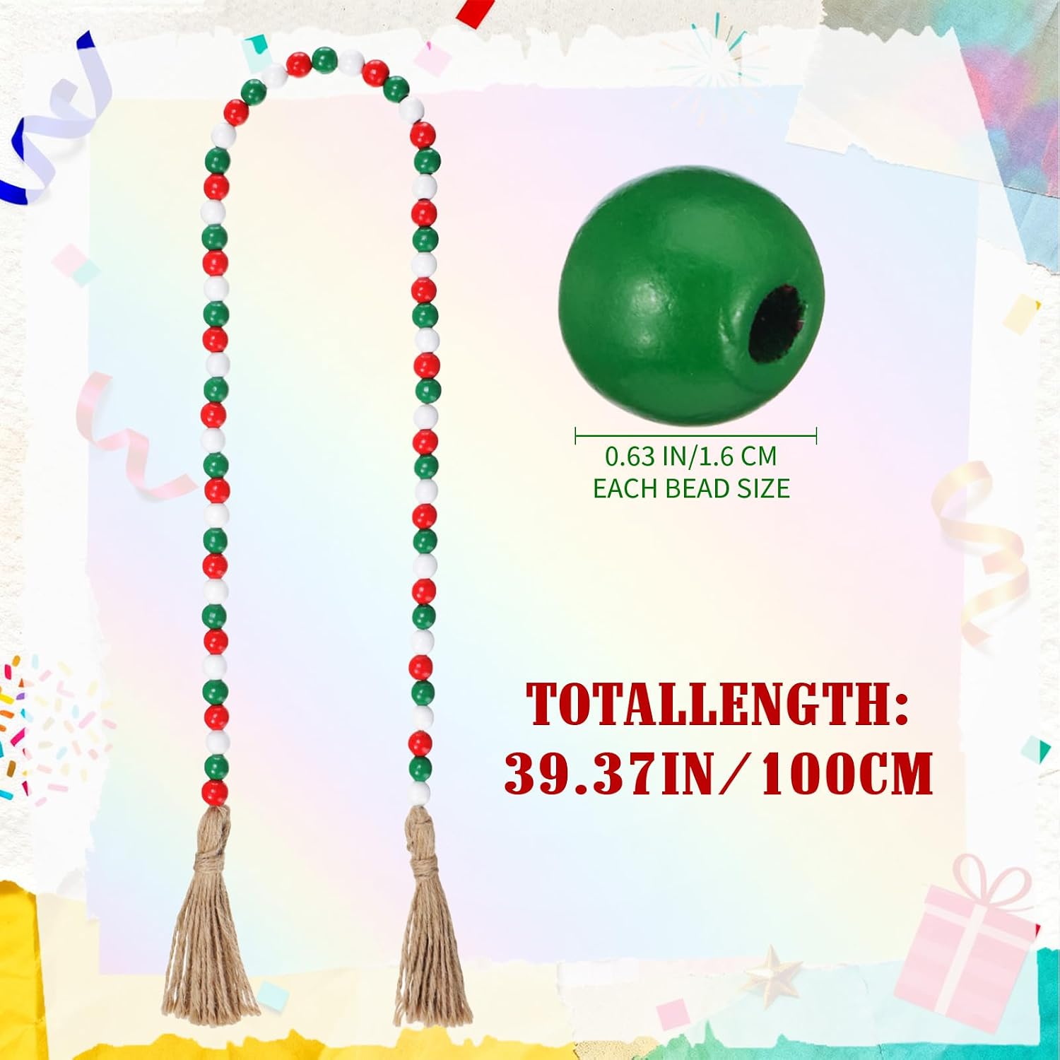 Seasonal Wooden Bead Garland / 3.3 ft / Set of 6