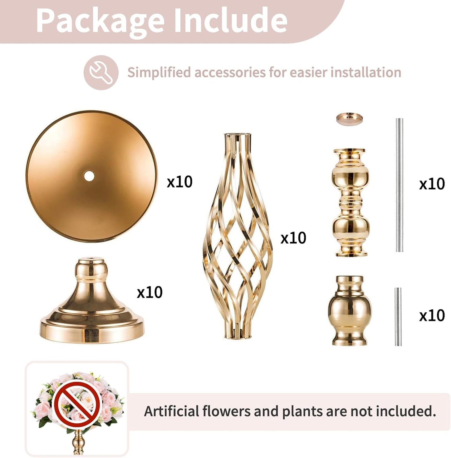 NUPTIO Gold Centerpiece Stand for Table, Twist Style, 22.8" Tall, 10 Pcs | Versatile Flower Arrangement, Candle Holder