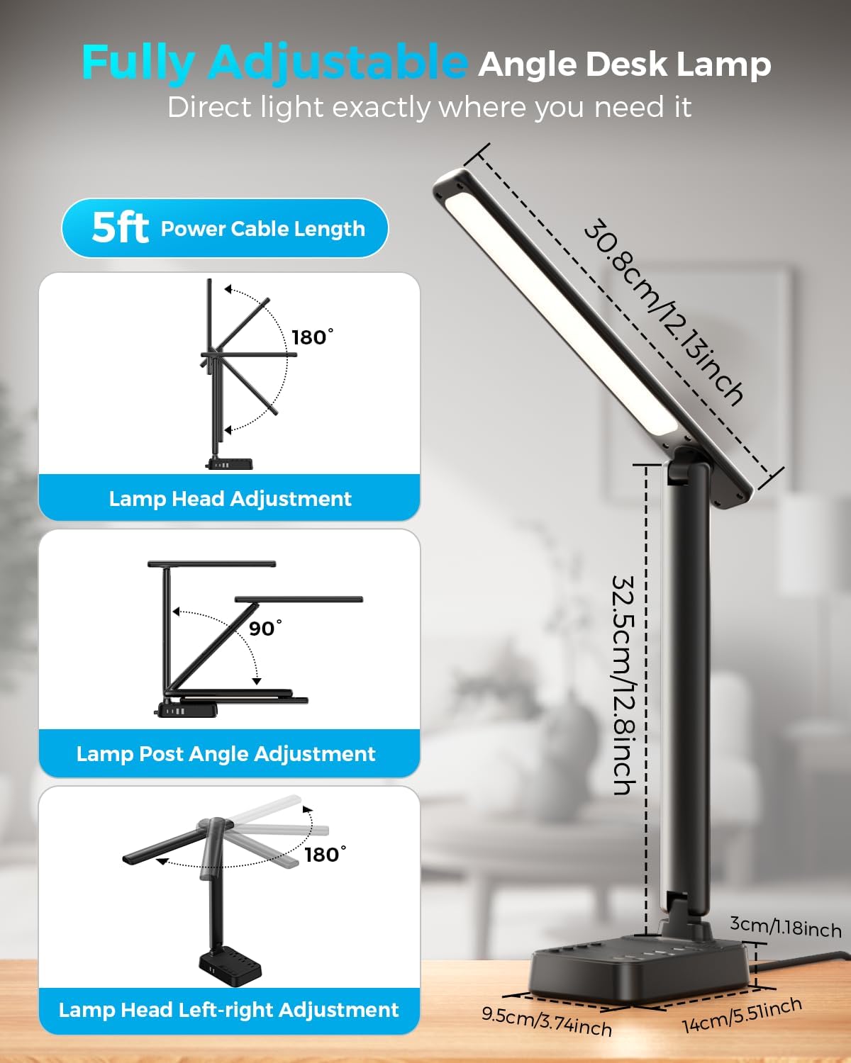 LED Desk Lamp with Power Strip, 3 AC Outlets, 4 USB Ports, Stepless Dimming | 2800K-6500K Color, 2 USB-C, Foldable