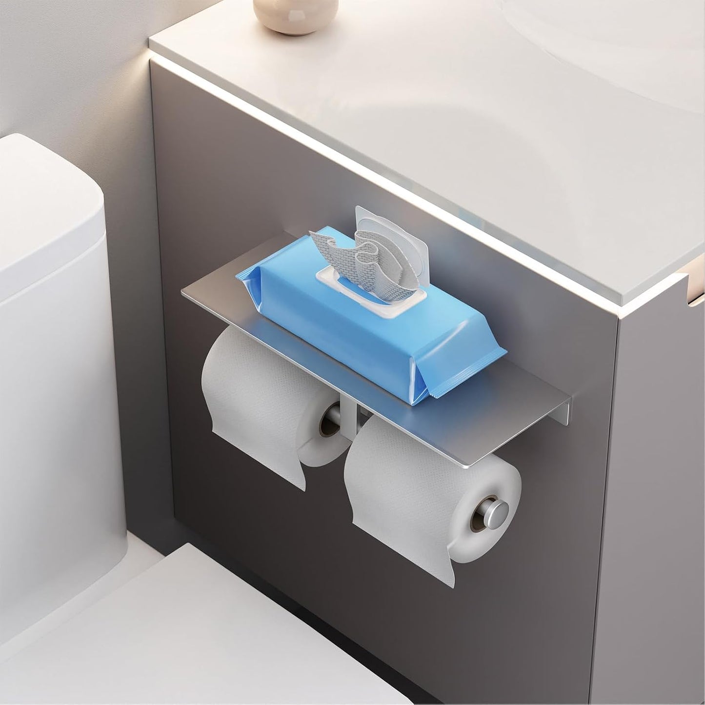 Bathroom Toilet Paper Holder with Shelf, Wall Mount, Double Roll, Silver