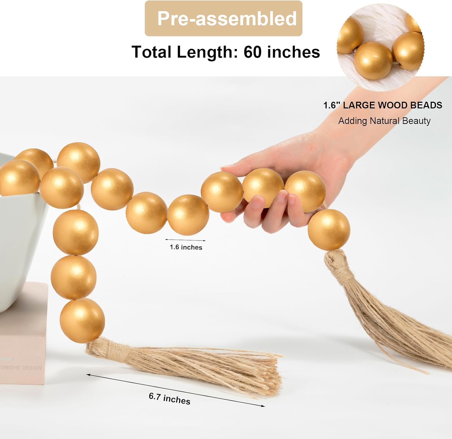 60" Long Extra Large Wood Bead Garland / 8 Gold / 60 Inches