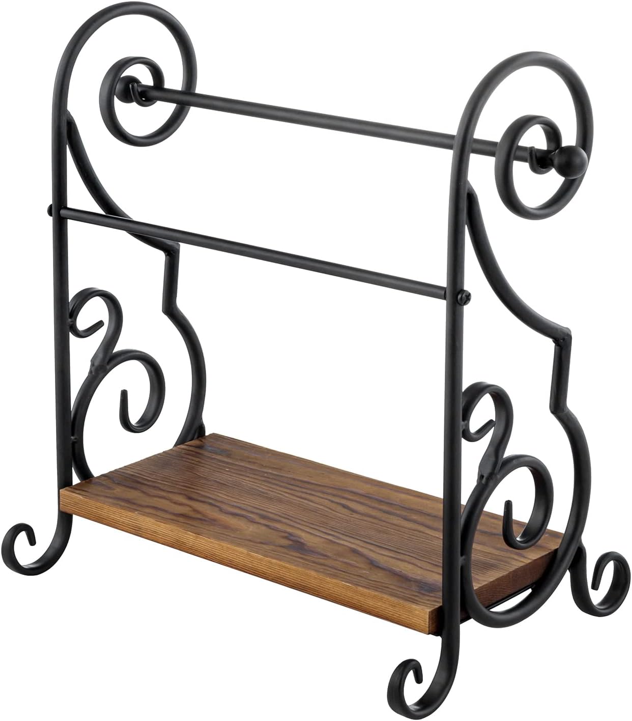 MyGift Black Paper Towel Holder with Rustic Wood Shelf, Countertop Stand | Integrated upper shelf stores spices, oils