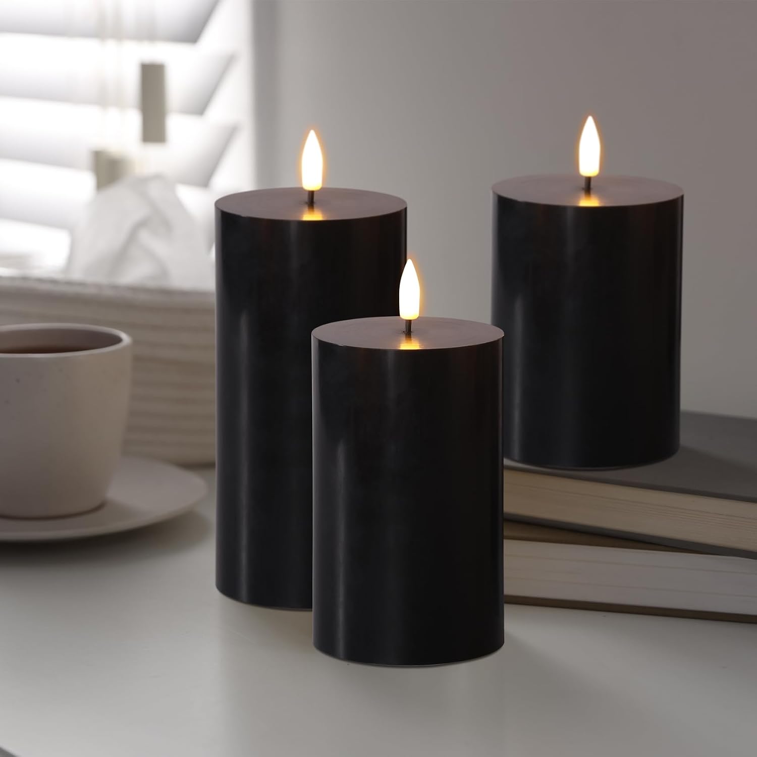 Black Halloween Flameless Pillar Candles with Remote Set of 3 | Flickering LED Candles, 2 AA Battery Power, Flat Top