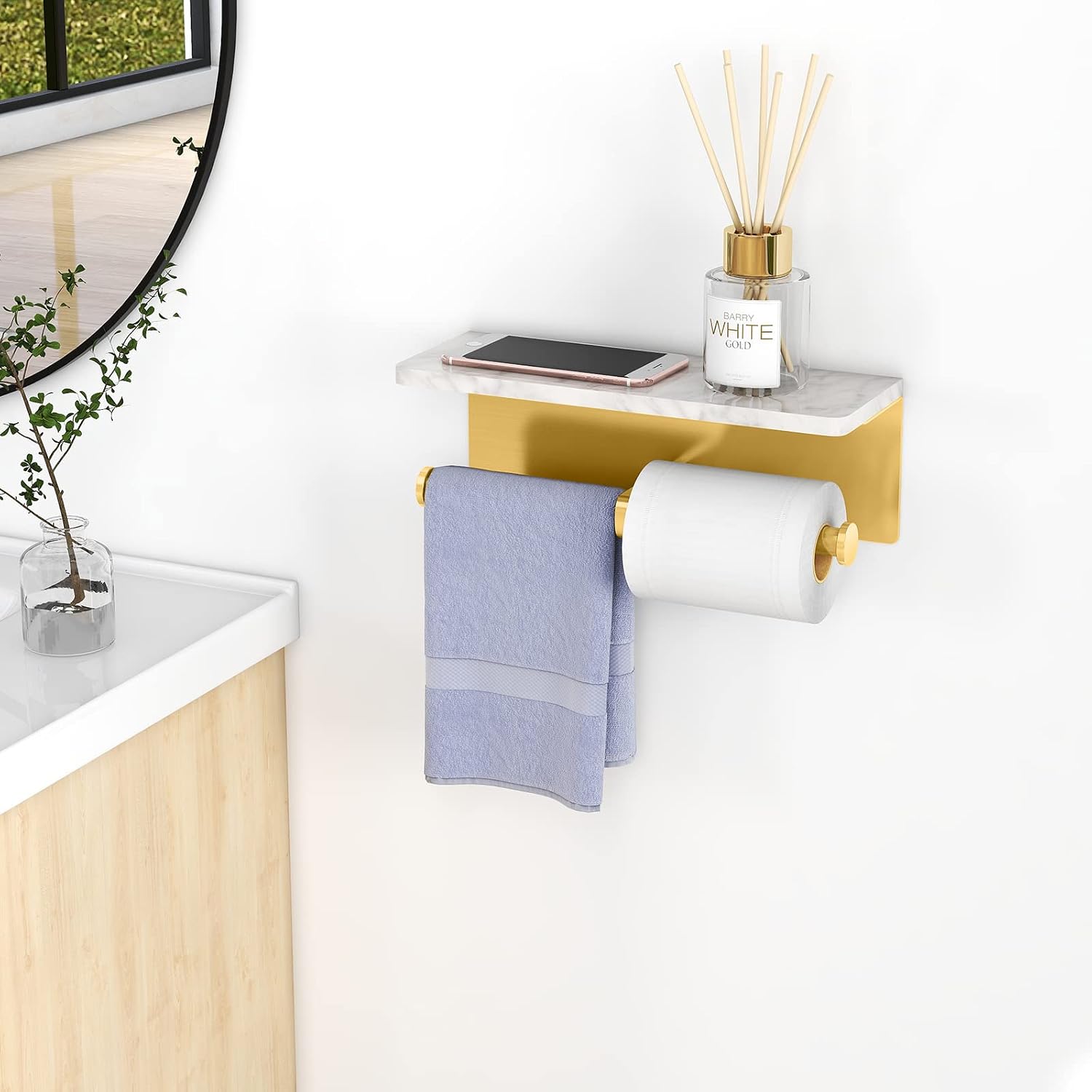 Gypie Brushed Gold Toilet Paper Holder with Marble Shelf, Double Rolls | Toilet Paper Holder with Storage, Toilet Paper