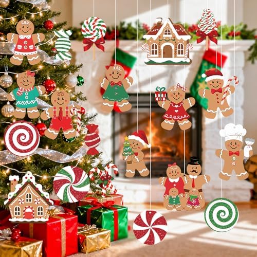 20 Pcs Gingerbread Christmas Decorations Outdoor Large Gingerbread Hanging Xmas Candy Ginger Bread House Decor Double Sided Printing Sign for Tree Yard Porch Office Home Holiday Outside Indoor Merry