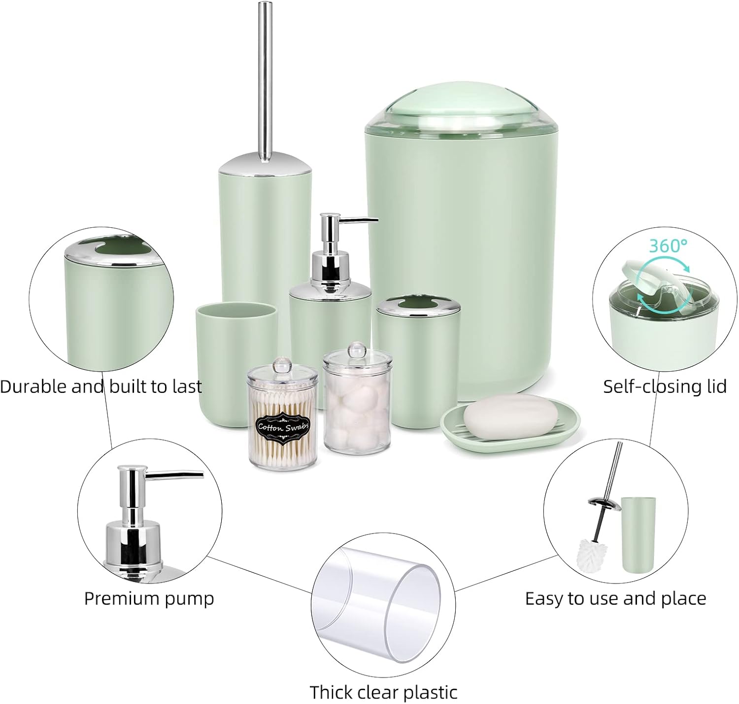IMAVO Bathroom Accessories Set,Green Bathroom Set,9 Pieces Bathroom Accessory Set,Tray,Qtip Holders,Toilet Brush,Trash