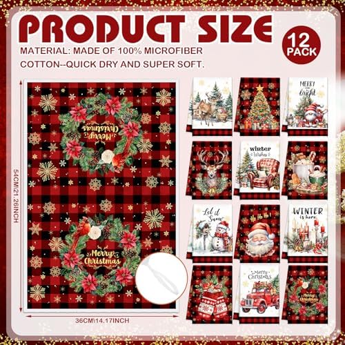 VitalCozy 12 Pcs Christmas Kitchen Towels, 14.2 x 21.3 in Plaid Dishcloths