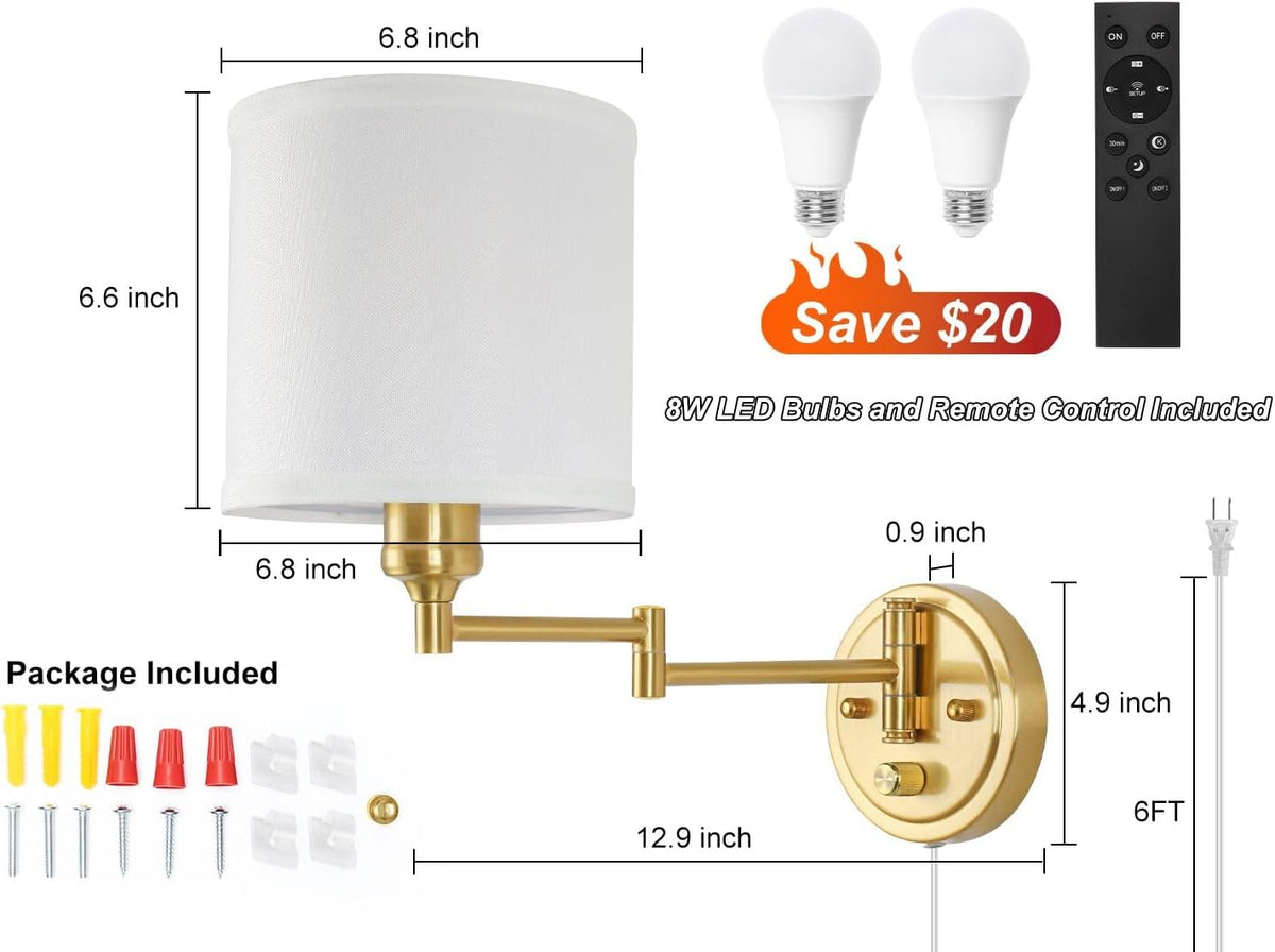 Plug in Wall Sconces with Remote Control, Dimming 10%-100% & Adjustable Colors 2700K-6500K, Hardwire or Plug-in, Swing