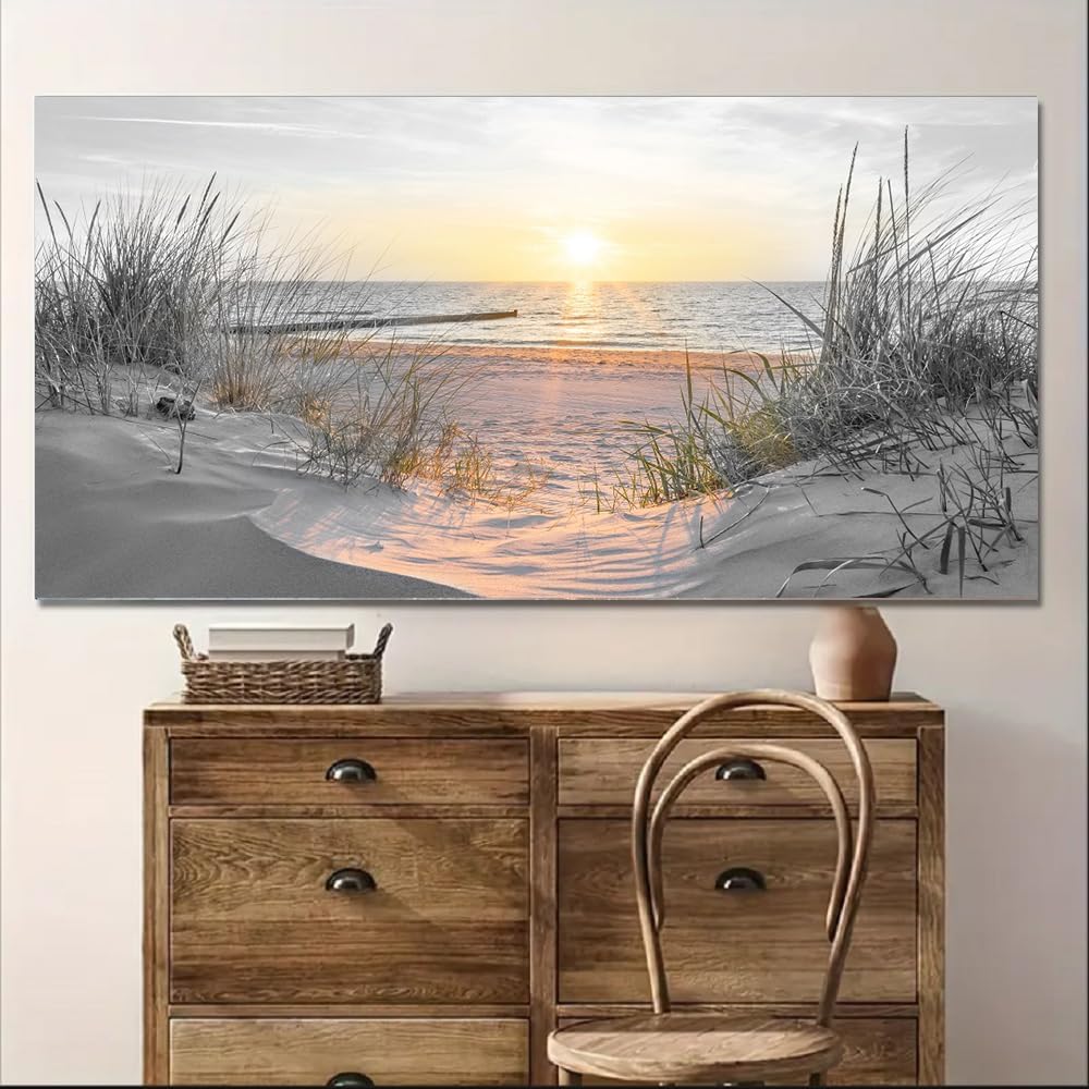 White Sunset Beach Wall Art Coastal Room Decor Ocean Picture / Basunset / 40"L x 20"W / Black