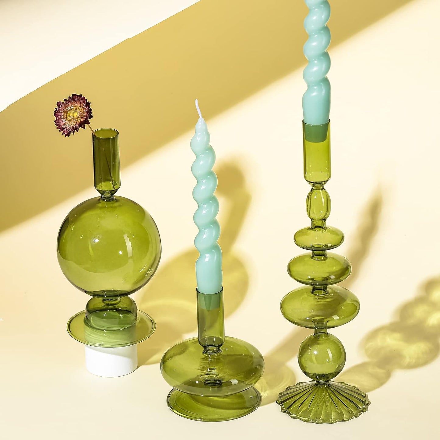 Rtteri 3 Pcs Iridescent Glass Candlestick Holders Taper Candle, Green | Taper Candles Holder, Wavy Glass Holder Stable