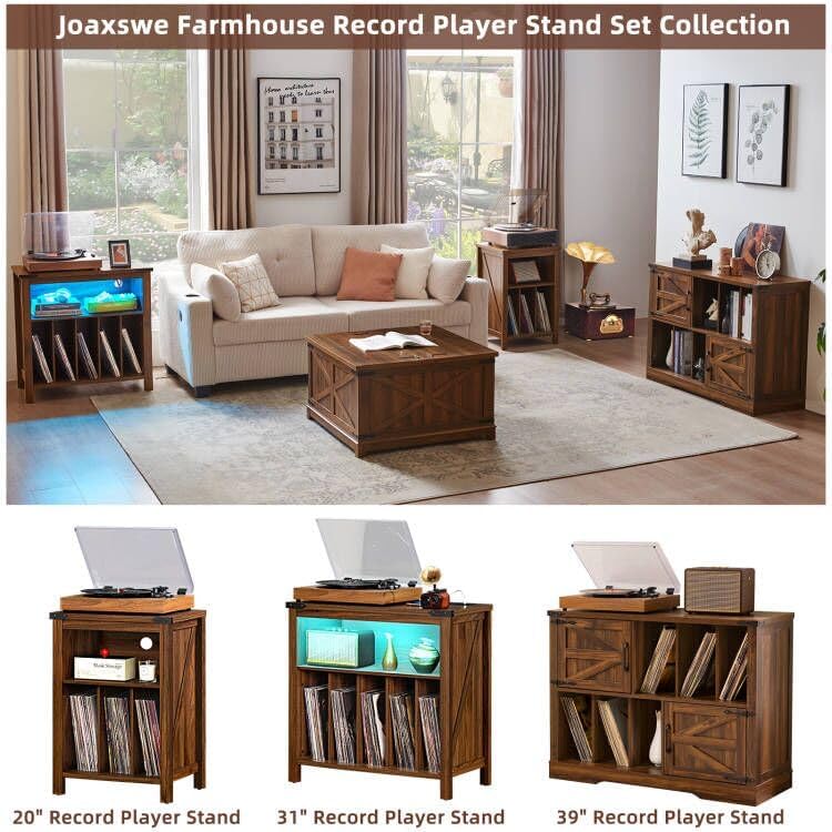 Joaxswe Large Record Player Stand with Charging Station & LED Lights, Vinyl Records Storage Holder Cabinet Holds up to