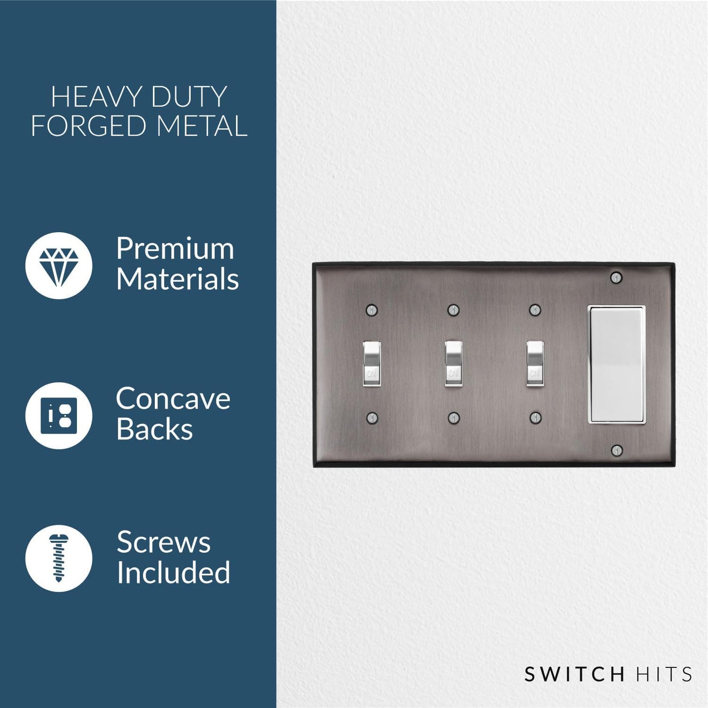 Antique Pewter Outlet Wall Plate | 3 Toggle - 1 GFI Rocker | 8.25" x 4.5" | Hand-Polished Brass Construction