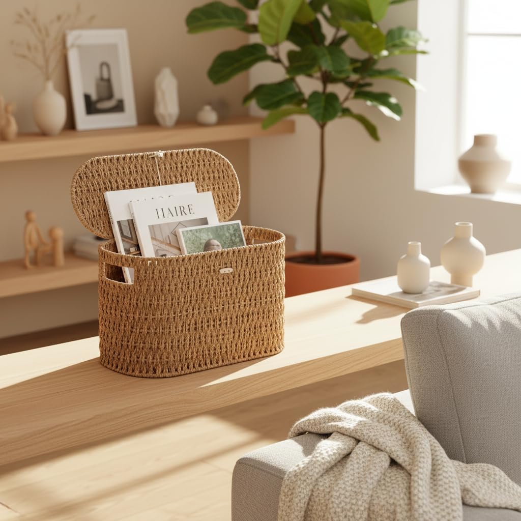 Paper Rope Wicker Basket / Natural / with Lid