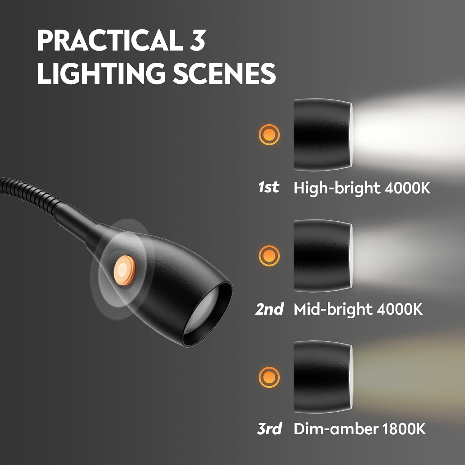 acegoo Wall/Headboard Mounted Reading Light with Handy Head Switch | CRI 98+ LED, 4000K & Amber Nightlight, Flexible